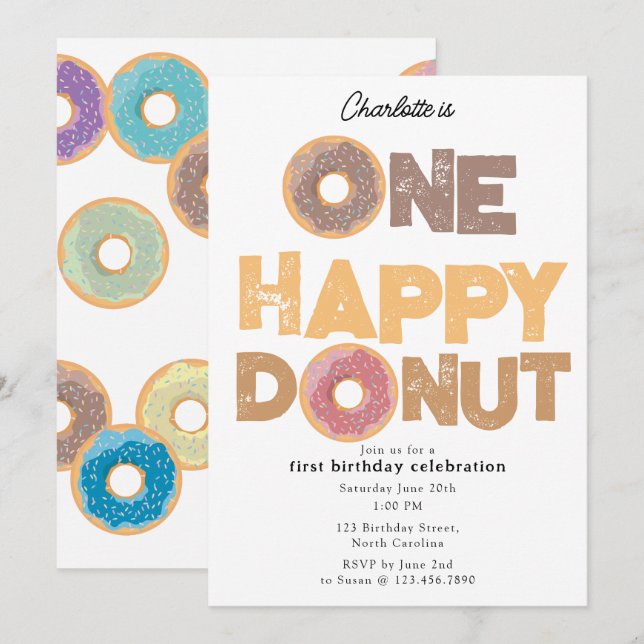 One Happy Donut Invite 1st  First Birthday Cute Einladung (Vorne/Hinten)