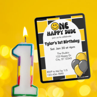 One Happy Dude, Black & Yellow 1st Birthday Einladung