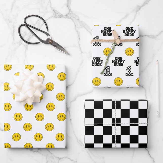 One Happy Dude Boy's Retro 1st Birthday  Geschenkpapier Set (Vorderseite)