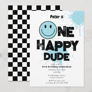 One Happy Dude Invite 1st First Birthday Boy Blue Einladung