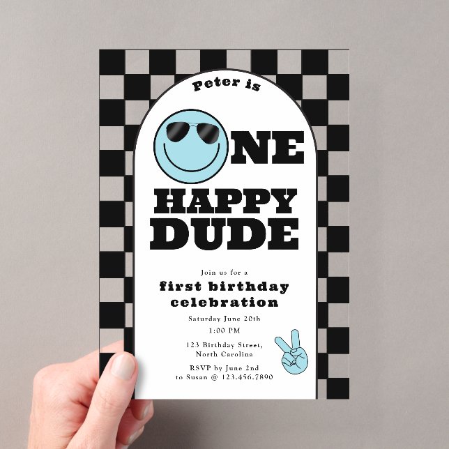 One Happy Dude Invite 1st First Birthday Cute Boy Acryleinladungen (Insitu (Handheld))