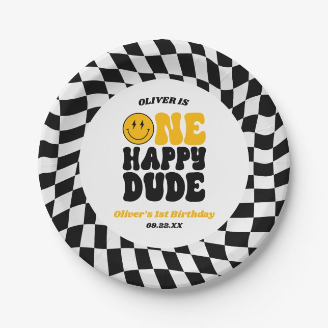 One Happy Dude Retro First 1st Birthday Party Pappteller (Vorderseite)