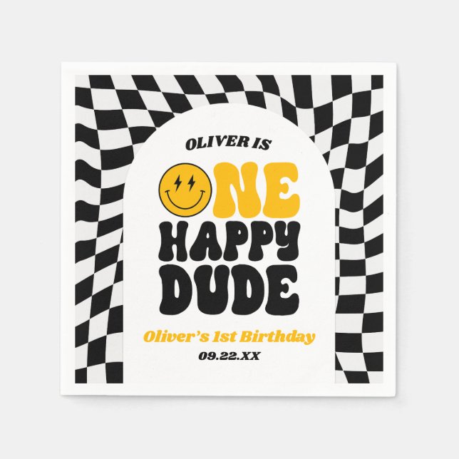 One Happy Dude Retro First 1st Birthday Party Serviette (Vorderseite)
