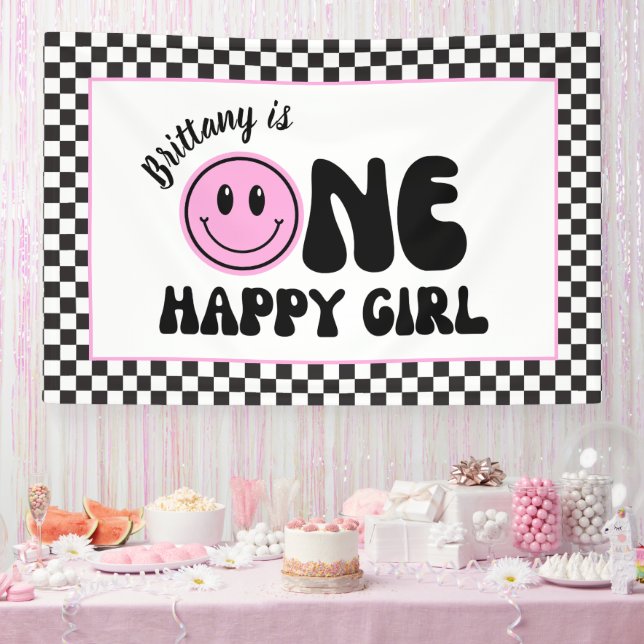 One Happy Girl Pink Happy Face Birthday Banner (Party)
