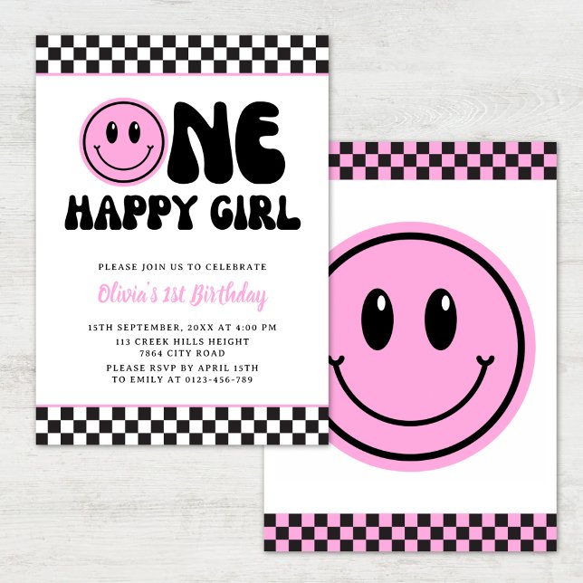 One Happy Girl Pink Happy Face Birthday Einladung (Von Creator hochgeladen)