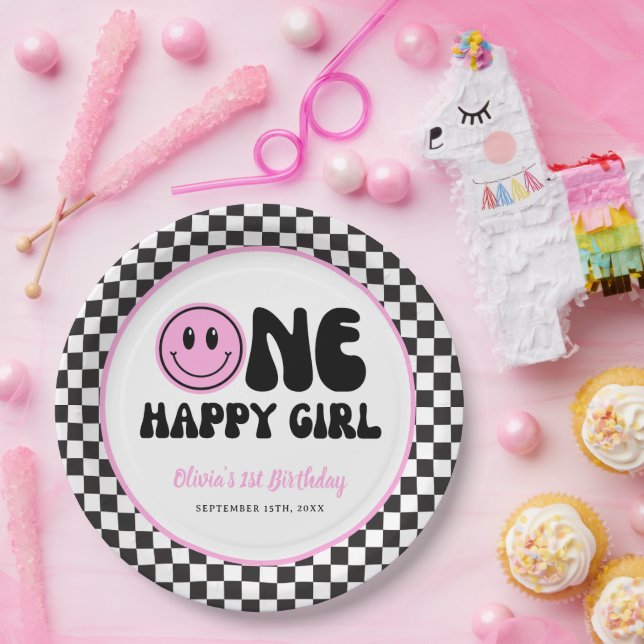 One Happy Girl Pink Happy Face Birthday Pappteller (Party)