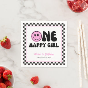One Happy Girl Pink Happy Face Birthday Serviette