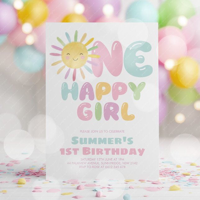 One Happy Girl Sun 1st Birthday Pink Blue Einladung (One Happy Girl! Girl's sun 1st birthday invitation in pink, blue and purple. )