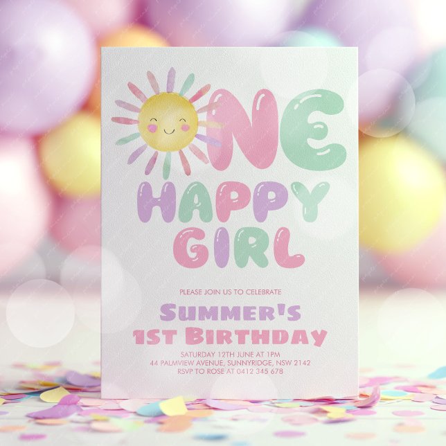 One Happy Girl Sun 1st Birthday Pink Green Einladung (One Happy Girl! Girl's sun 1st birthday invitation in pink, green, purple. )