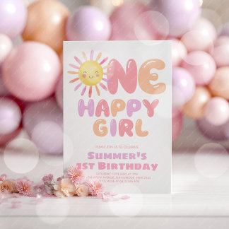 One Happy Girl Sun 1st Birthday Pink Purple Einladung