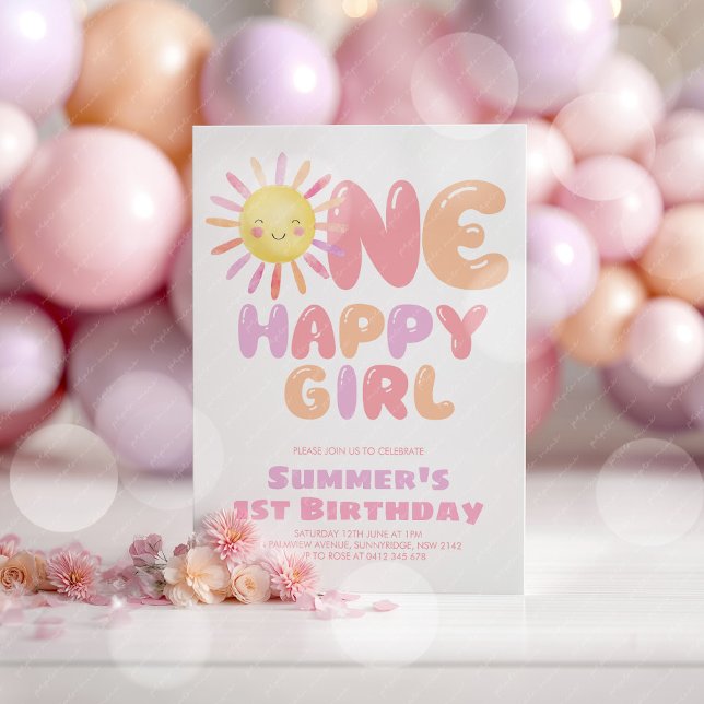 One Happy Girl Sun 1st Birthday Pink Purple Einladung (One Happy Girl! Girl's Sun 1st birthday invitation in pink, orange and purple.)