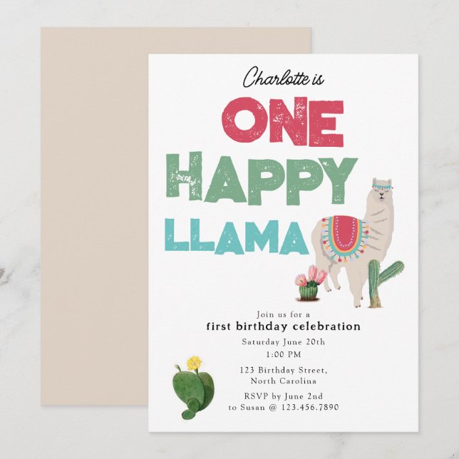 One Happy Llama Invite 1st Girl Birthday Einladung (Vorne/Hinten)