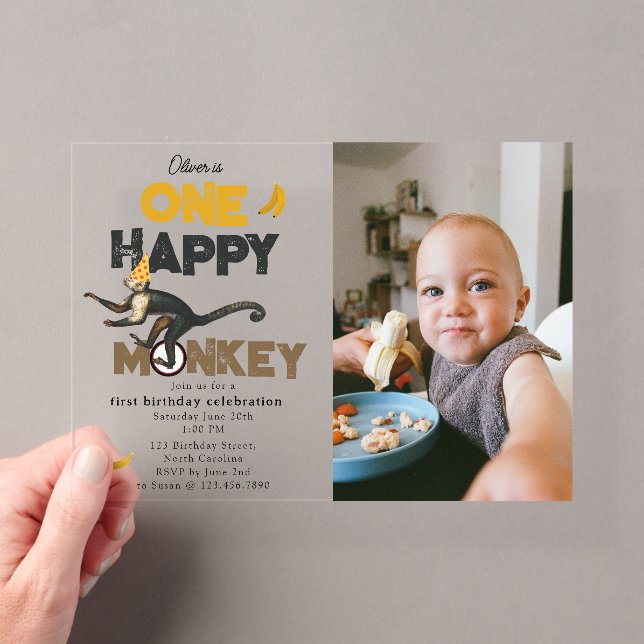 One Happy Monkey Cute 1st First Birthday Photo Acryleinladungen (Insitu (Handheld))