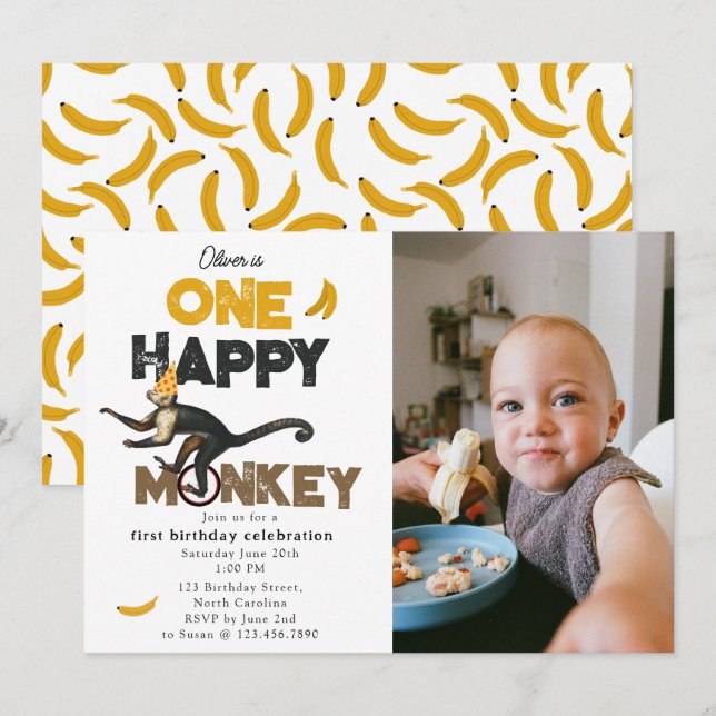 One Happy Monkey Cute 1st First Birthday Photo Einladung (Vorne/Hinten)