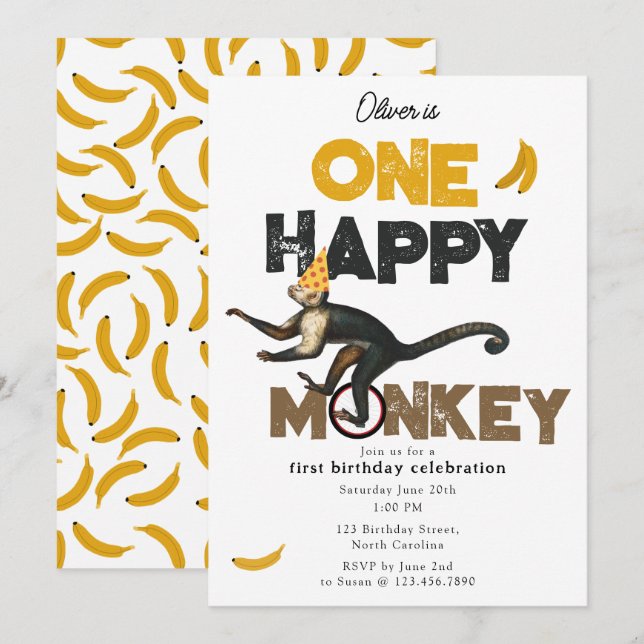 One Happy Monkey Cute Invite 1st First Birthday Einladung (Vorne/Hinten)