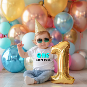One Happy Typ 1. Geburtstag Blue Smiley Baby Strampler