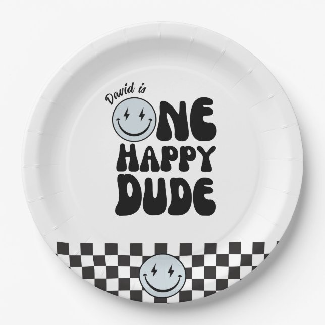 One Happy Typ Blue Happy Face Birthday Pappteller (Vorderseite)