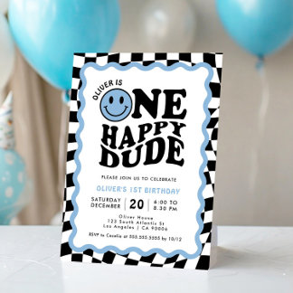 One Happy Typ Blue Smile Face Boy 1. Geburtstag Einladung