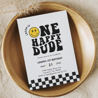 One Happy Typ Happy Face Boy ersten Geburtstag Einladung