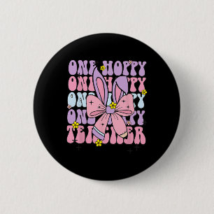 One Hoppy Teacher Retro Bunny Oaster Teacher Apple Button