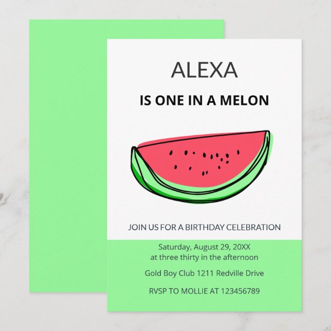 One in a Melon 1st Birthday Watermelon Birthday Einladung (Vorne/Hinten)