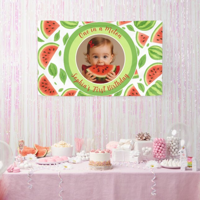 One In A Melon Custom Photo Watermelon Birthday  Banner (Party)