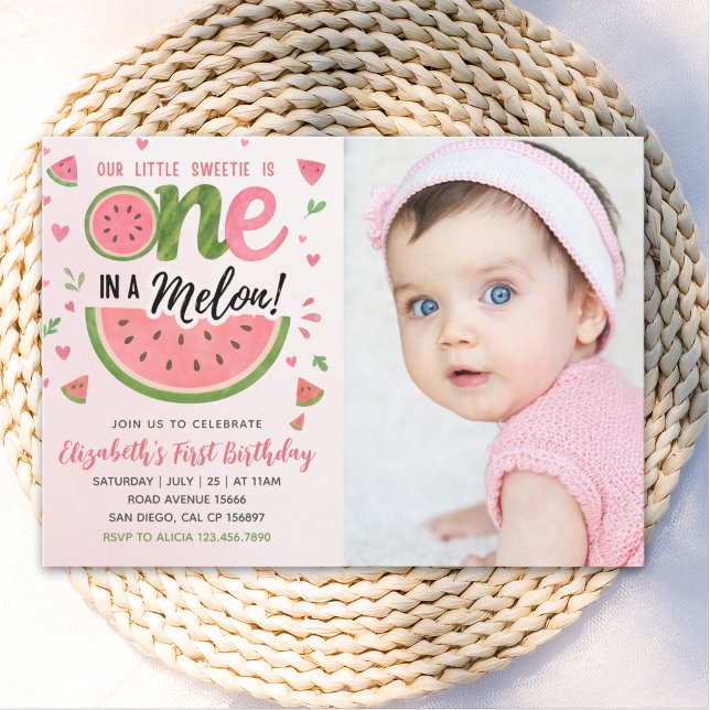 One in a Melon! First Birthday Girl With photo Einladung (Von Creator hochgeladen)
