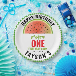 One in a Melon glitter watermelon 1st birthday Pappteller