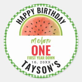 One in a Melon glitter watermelon 1st birthday Runder Aufkleber