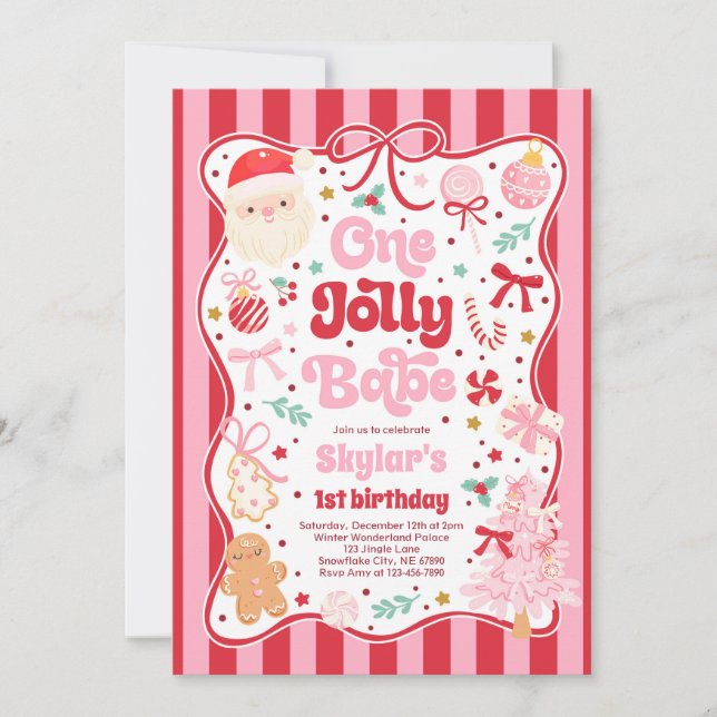 One Jolly Babe Christmas Coquette Bow 1st Birthday Einladung (Vorderseite)