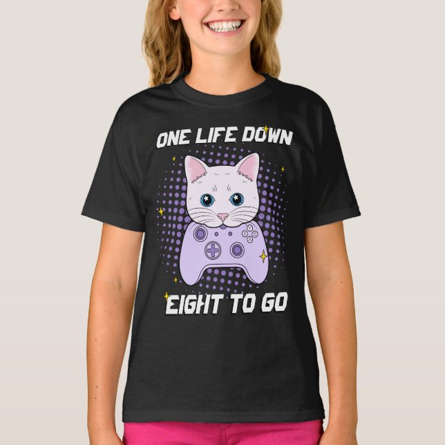 One Life Down Gamer White Lila Cartoon Cat T-Shirt (Vorderseite)