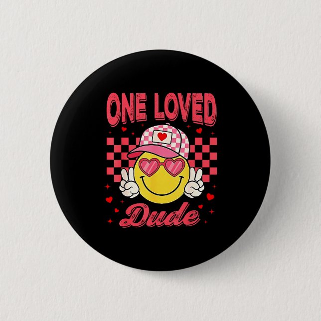 One Loved Dude Checkered Heart Valentines Day Boys Button (Vorderseite)