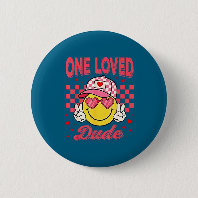 One Loved Dude Checkered Heart Valentines Day Boys Button (Vorderseite)