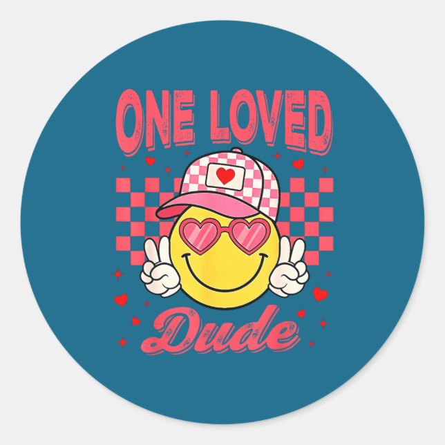 One Loved Dude Checkered Heart Valentines Day Boys Runder Aufkleber (Vorderseite)