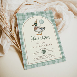 One Lucky Duck Balloon Green Gingham 1. Geburtstag Einladung