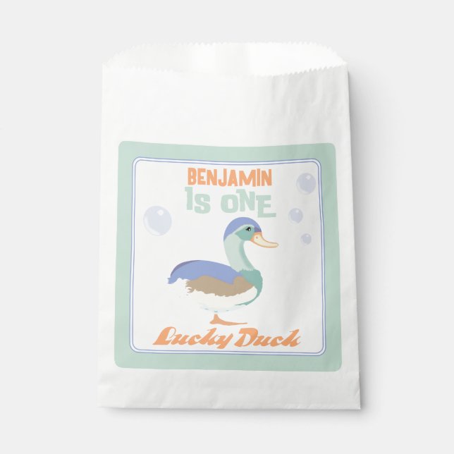 One Lucky Duck & Bubbles Erster Geburtstag Pastete Geschenktütchen (Vorderseite)