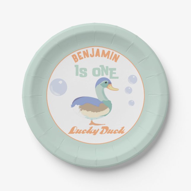 One Lucky Duck & Bubbles Erster Geburtstag Pastete Pappteller (Vorderseite)