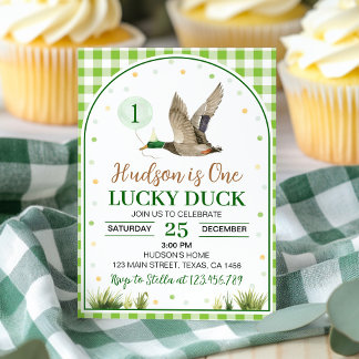 One Lucky Duck Green Gingham Birthday Einladung