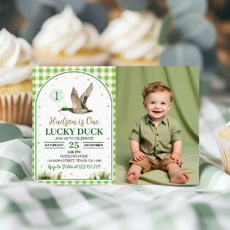 One Lucky Duck Green Gingham Birthday Foto Einladung