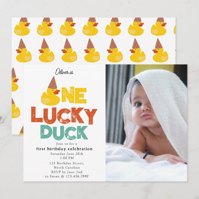 One Lucky Duck Invite 1st  First Birthday Photo Einladung (Vorne/Hinten)