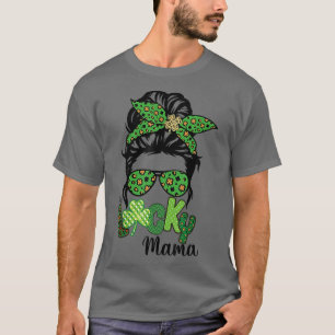 One Lucky Mama Messy Bun Leopard St Patrick's Day T-Shirt