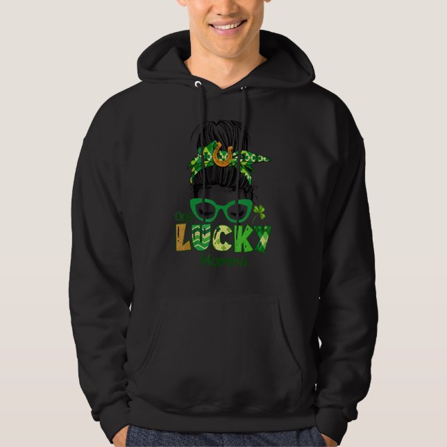One Lucky Momma Messy Bun Leopard St Patrick's Day Hoodie (Vorderseite)