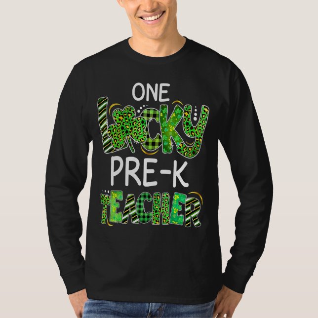 One Lucky Pre K Teacher Kleeblatt Leopard Kariert  T-Shirt (Vorderseite)