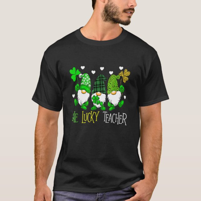 One Lucky Teacher Irish Gnome Leopard Patricks Day T-Shirt (Vorderseite)