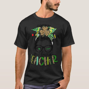 One Lucky Teacher Messy Bun Irish Leopard St Patri T-Shirt