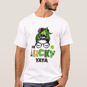 One Lucky Yaya Messy Bun Leopard St Patrick's Day T-Shirt