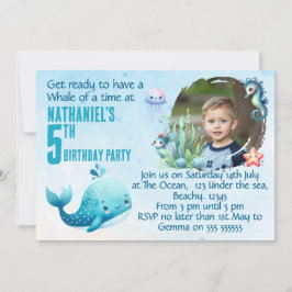 One Photo Whale 5th Birthday  Party Invitation