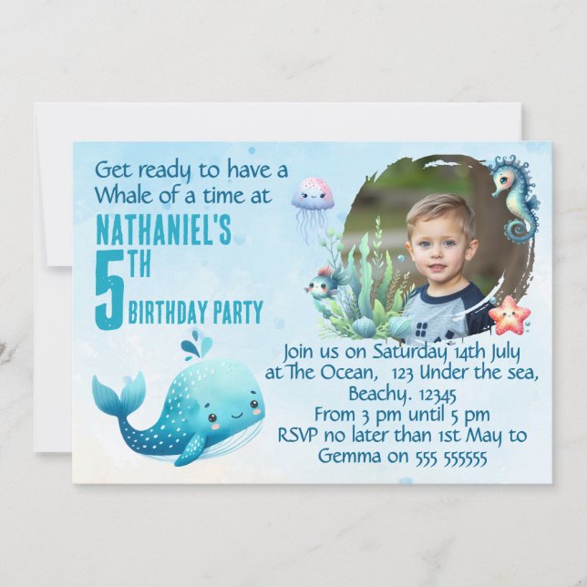 One Photo Whale 5th Birthday  Party Invitation (Devant)