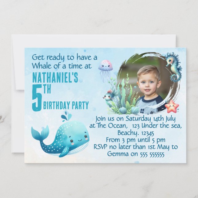 One Photo Whale 5th Birthday  Party Invitation Einladung (Vorderseite)