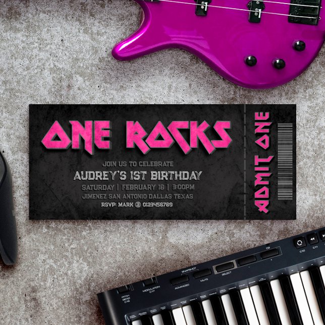 One Rocks - Fille 1er Anniversaire Invitation de b (One Rocks - Girl 1st Birthday Ticket Invitation)
